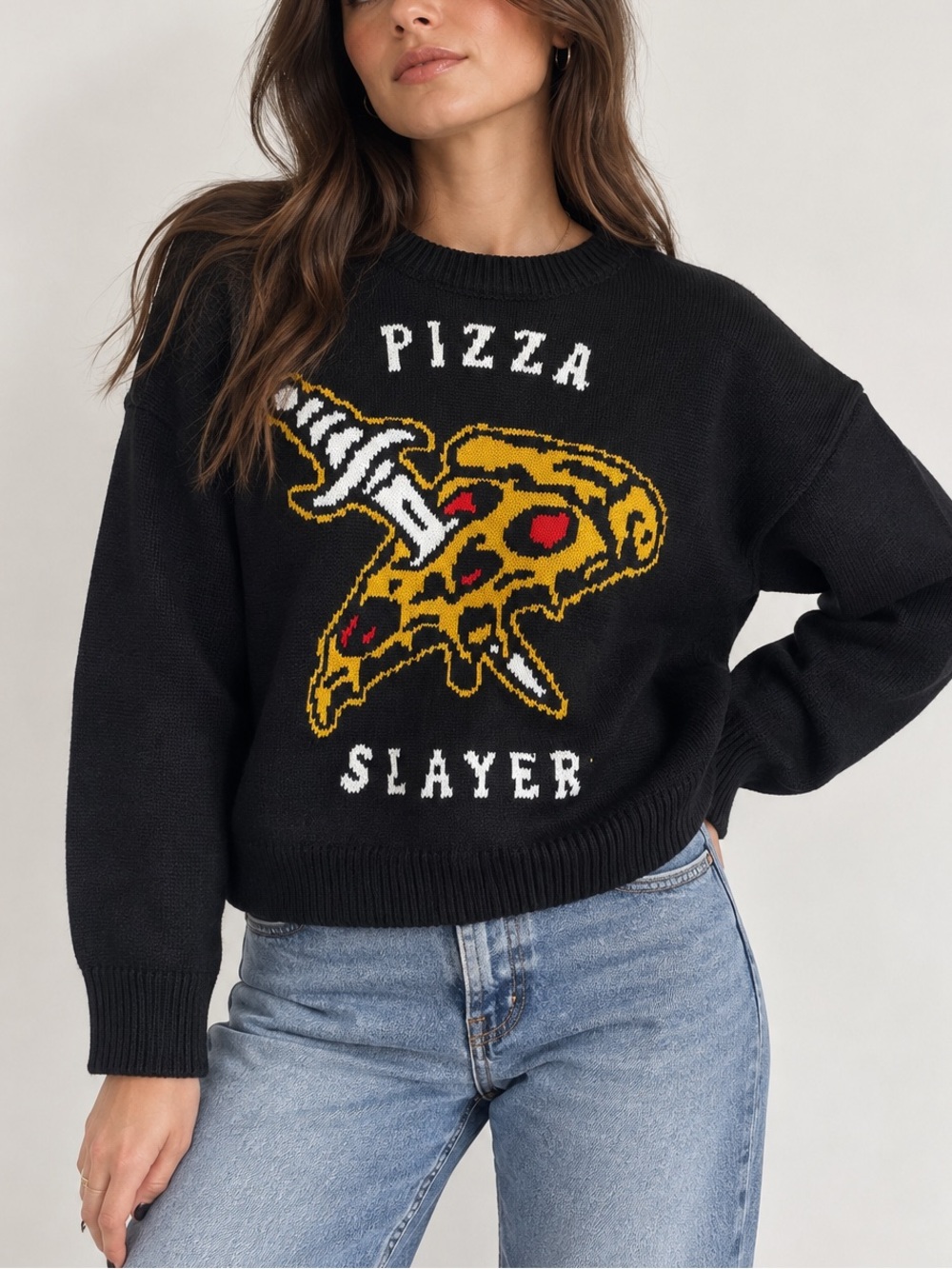 Pyknic Pizza Slayer Black Graphic Knit Sweater Pizza Sword M